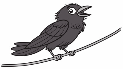 Cute black bird sitting on cable. Concept of a bird sitting on a wire isolated on a white background. Great for children's book covers and bird web logos. Vector illustration
