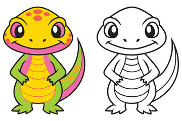 Adorable Cartoon Gecko Illustration Color and Outline Version for Kids Coloring Book Pages