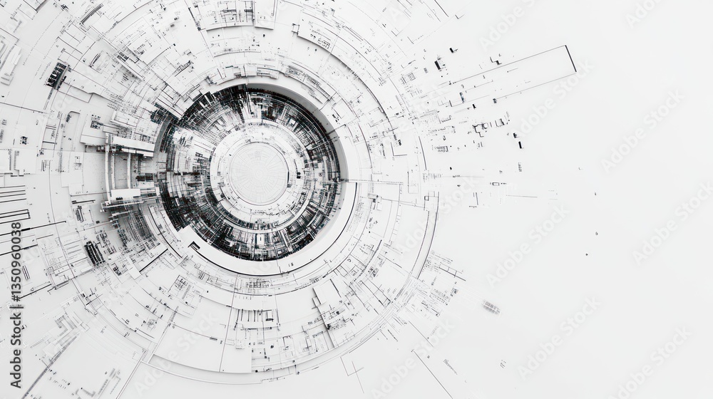 Poster abstract circular architectural design, white background, futuristic design, possible use in technol