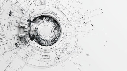 Abstract circular architectural design, white background, futuristic design, possible use in technology or sci-fi