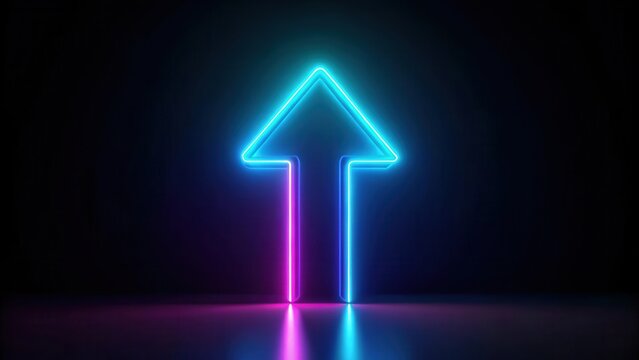 A neon arrow pointing upwards on a dark black background with subtle gradient effects , arrow pointing up, glowing arrow
