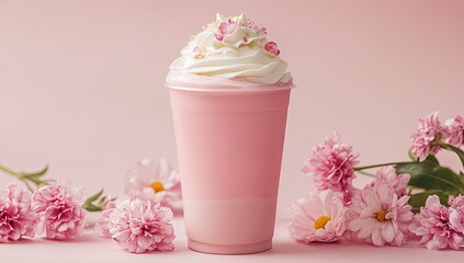 Pink blended beverage with whipped cream