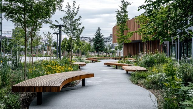 Urban park with curved benches, landscaping, and modern architecture