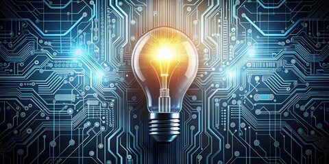 A stylized illustration of an abstract lightbulb surrounded by modern circuit elements, wires, and digital code in a minimalist and clean background, wire, modernity
