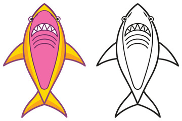 Cute Cartoon Shark Illustration Coloring Page Two Versions Pink Yellow and Black White