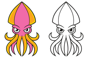 Cartoon Squid Illustration Pink Orange and Black and White Coloring Page