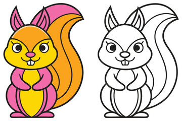 Adorable Cartoon Squirrel Illustration Coloring Page for Kids Featuring a Cute Pink and Orange Squirrel and a Black and White Outline Version