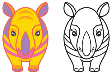Adorable Cartoon Rhinoceros Illustration Color and Line Art Drawing for Kids Coloring Book Pages