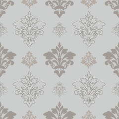 Obraz premium Damask seamless pattern with gray floral elements and gray background, vector illustration elegant for textile design, wall paper, bedding, curtains, cushion, scarf, rug, upholstery fabric, decoration