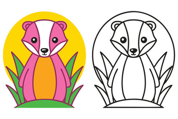 Adorable Pink Badger in Grass Coloring Page Illustration for Kids