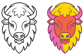 Adorable Bison Head Coloring Page Illustration for Kids Featuring Outline and Vibrant Colors