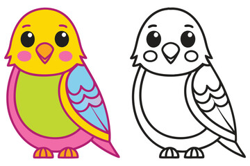 Adorable Colorful Bird and its Coloring Page Outline A Fun Illustration for Kids Featuring a Cute Cartoon Bird with Bright Feathers Perfect for Preschool Learning Activities and Children's Books