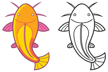 Adorable Cartoon Catfish Illustration Coloring Page Two Versions