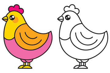 Adorable Cartoon Hen Illustration Coloring Page for Kids Featuring a Pink and Yellow Hen and a Black and White Outline