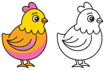 Adorable Colorful Chicken and Its Coloring Page Outline Illustration for Kids