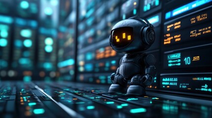 Cybernetic Sentinel: A futuristic robot stands guard amidst a data center's glowing screens, symbolizing technological advancement and digital security.