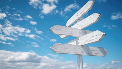 Wooden directional signs against a vibrant sky.  Multiple paths, choices, and decisions depicted - obrazy, fototapety, plakaty