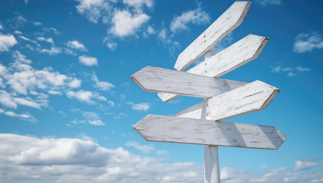 Wooden directional signs against a vibrant sky.  Multiple paths, choices, and decisions depicted