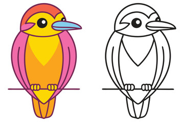 Adorable Cartoon Bird Illustration with Coloring Page Option Bird on Branch