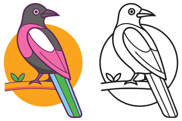 A Colorful Bird Perched on a Branch Against a Sunset Background with a Coloring Page Version