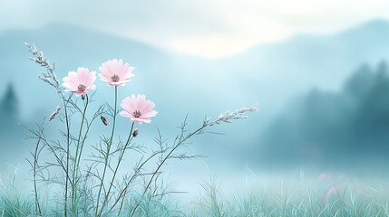 Spring nature action delicate flora blooming in misty landscape serene viewpoint