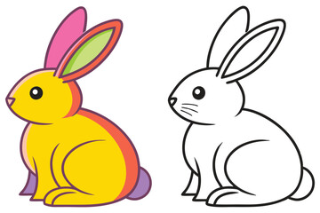 Adorable Colorful Bunny and its Line Art Version for Kids Coloring Pages Easter Decoration