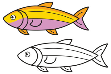 Cute Cartoon Fish Illustration Coloring Page Two Fish One Colored One Outline