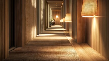 A hallway with motion-sensor LED lighting in an eco-friendly hotel.