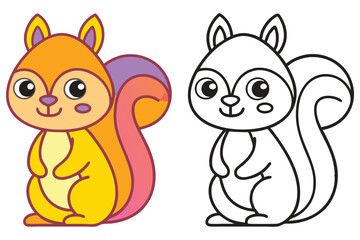 Adorable Cartoon Squirrel Illustration Coloring Page for Kids Featuring a Cute Sitting Squirrel with a Big Fluffy Tail Perfect for Preschoolers and Toddlers