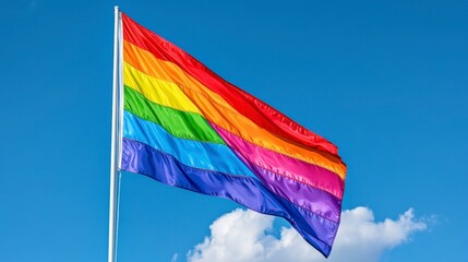 Vibrant Rainbow Flag Flapping Against a Clear Blue Sky Background