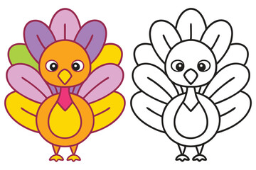 Adorable Cartoon Turkey Thanksgiving Coloring Page Illustration