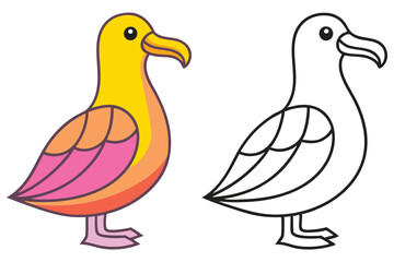 Adorable Cartoon Albatross Bird Illustration Colorful and Black and White Version for Kids Coloring Pages
