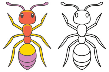 Adorable Cartoon Ant Illustration with Coloring Page A Fun Insect Drawing for Kids Featuring a Colorful Ant and a Black and White Outline for Coloring