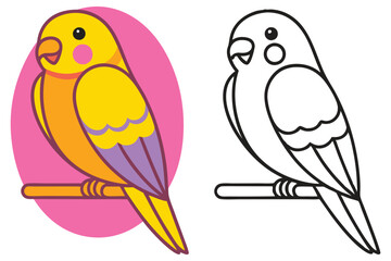 Adorable Yellow Budgie Perching on a Branch Coloring Page Illustration for Kids