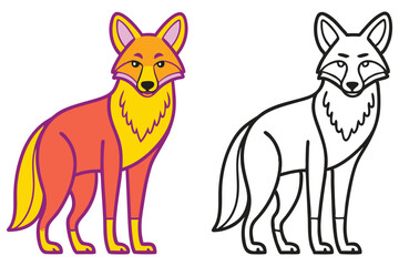 Adorable Cartoon Coyote Illustration Coloring Page for Kids Featuring a Vibrant Orange and Yellow Design and a Simple Black and White Outline