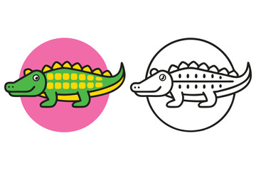 Adorable Cartoon Crocodile Illustration Color and Outline Version for Kids Coloring Book Pages