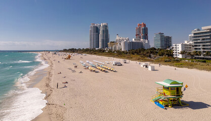 Miami Beach skyline. Miami from above. Miamis famous landmarks. South Pointe beach with...
