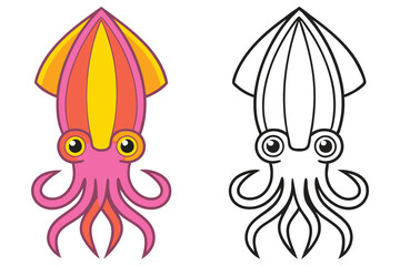 Adorable Cartoon Squid Illustration Color and Outline Version for Kids Coloring Book Pages