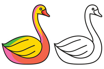 Colorful Swan and Outline Drawing for Kids Coloring Pages Activity Book