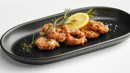 Fototapeta premium Crispy fried squid rings, lemon, rosemary, salt. Restaurant food photography