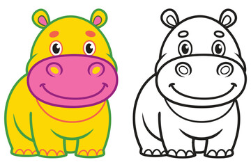 Adorable Cartoon Hippopotamus Illustration Coloring Page Happy Animal