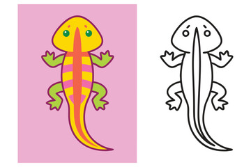 Adorable Cartoon Lizard Illustration with Coloring Page Option Featuring a Vibrant Pink Yellow and Orange Creature