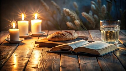 A Still Life Featuring Lit Candles, Holy Book, Bread, and Beverage on Rustic Wooden Table