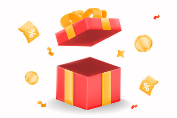 Empty red open gift box yellow ribbon, with discount voucher, coins and gifts. promotions, sales, special offers and e-commerce transactions. 3d vector