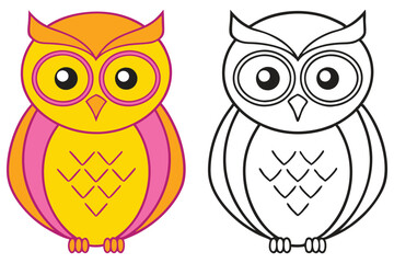 Adorable Cartoon Owl Coloring Page Illustration Two Versions Yellow Pink and Black White