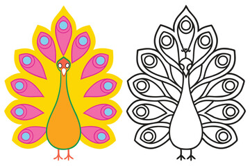 A Colorful Peacock and its Outline for Coloring A Vibrant Bird Illustration Featuring a Detailed Tail
