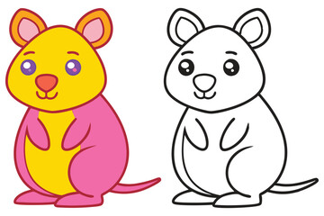 Adorable Cartoon Quokka Coloring Page Illustration Featuring a Cute Yellow and Pink Quokka and Its Black and White Outline