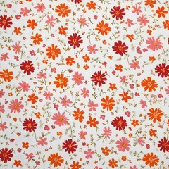 "A delicate floral pattern featuring small red, orange, and pink flowers scattered across a crisp white background. This charming ditsy print, reminiscent of a spring bouquet, brings a touch of elegan