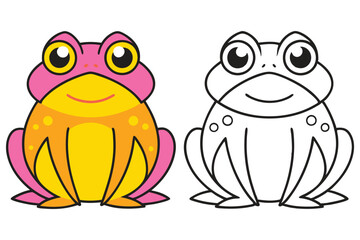 Adorable Cartoon Frog Illustration Color and Line Art Version for Kids Coloring Book