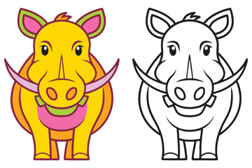 Adorable Cartoon Warthog Illustration Coloring Page Two Versions